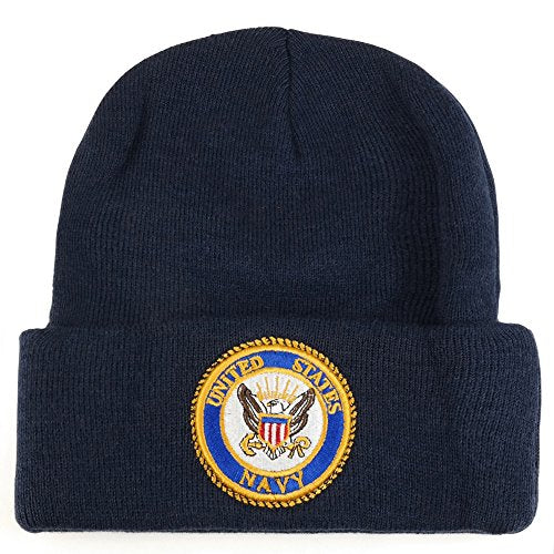 Trendy Apparel Shop United States Navy Military Emblem Embroidered Long Cuff Beanie - Navy