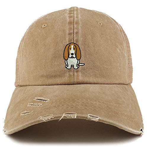 Trendy Apparel Shop Basset Hound Dog Embroidered Frayed Bill Trucker Mesh Back Cap