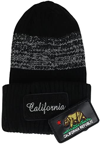 Trendy Apparel Shop California Republic Hook and Loop Patch Embroidered Long Cuff Beanie