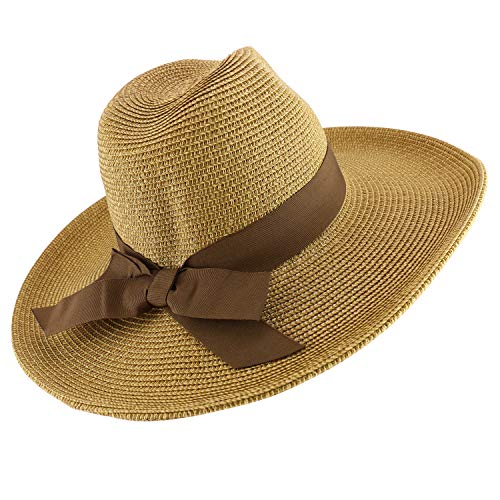 Trendy Apparel Shop Women's Fedora Crown Ribbon Band Wide Brim Sun Hat