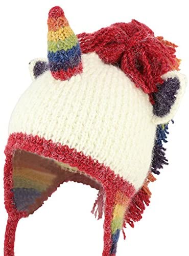 Trendy Apparel Shop Rainbow Unicorn 100% Hand Knit Earflap Funny Beanie Hat - White