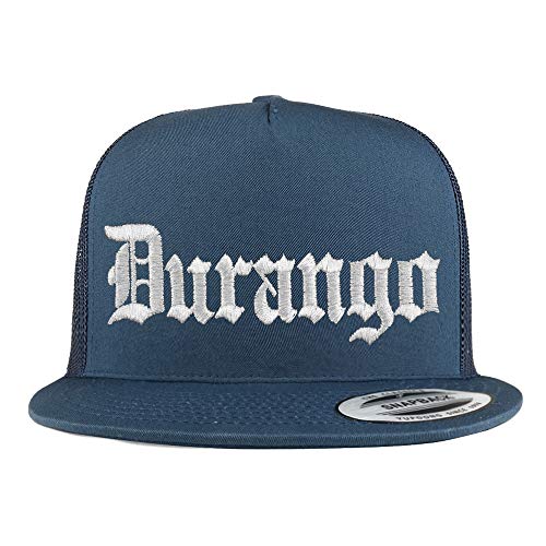 Trendy Apparel Shop Old English Durango White Embroidered 5 Panel Flatbill Trucker Mesh Cap