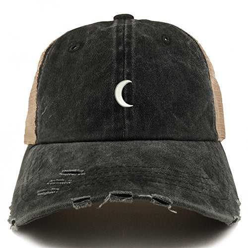 Trendy Apparel Shop Crescent Moon Embroidered Frayed Bill Trucker Mesh Back Cap