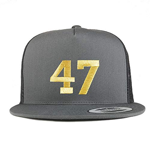 Trendy Apparel Shop Number 47 Gold Thread Embroidered Flat Bill 5 Panel Trucker Cap