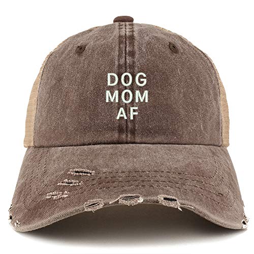 Trendy Apparel Shop Dog Mom AF Washed Front Mesh Back Frayed Bill Trucker Cap