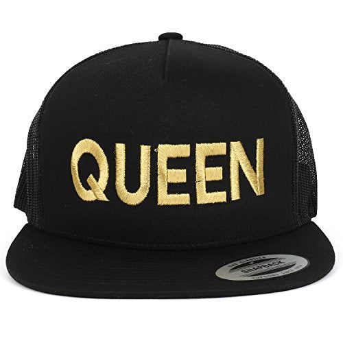 Trendy Apparel Shop Queen Gold Embroidered 5 Panel Flat Bill Mesh Cap