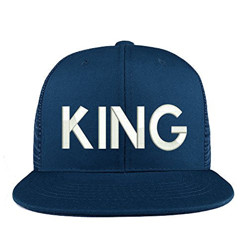 Trendy Apparel Shop King Embroidered Cotton Flat Bill Mesh Back Trucker Cap