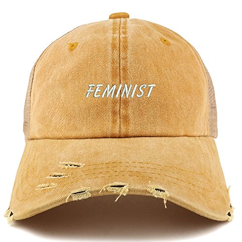Trendy Apparel Shop Feminist Embroidered Frayed Bill Trucker Mesh Back Cap