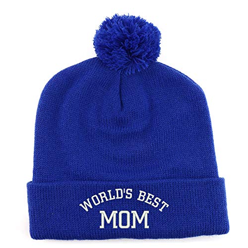 Trendy Apparel Shop World's Best Mom Embroidered Solid Winter Cuff Beanie Hat with Pom Pom