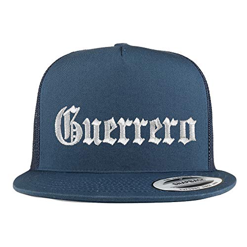 Trendy Apparel Shop Old English Guerrero White Embroidered 5 Panel Flatbill Trucker Mesh Cap