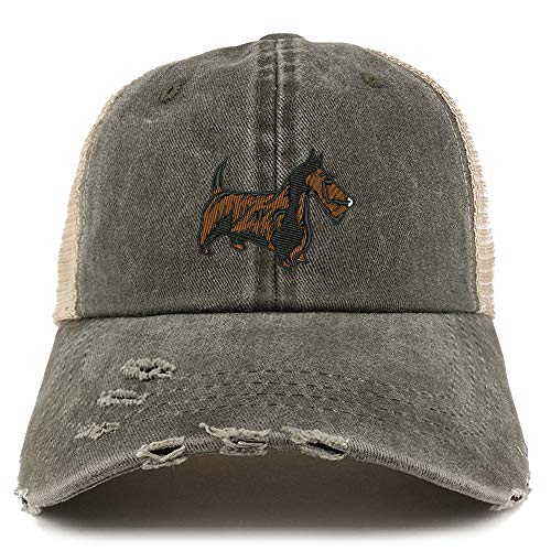 Trendy Apparel Shop Scottish Terrier Dog Embroidered Frayed Bill Trucker Mesh Back Cap