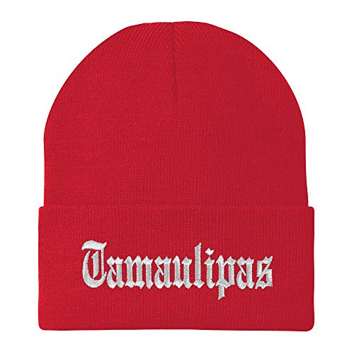 Trendy Apparel Shop Old English Tamaulipas White Embroidered Acrylic Knit Beanie Cap