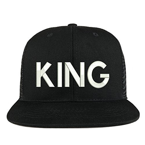 Trendy Apparel Shop King Embroidered Cotton Flat Bill Mesh Back Trucker Cap