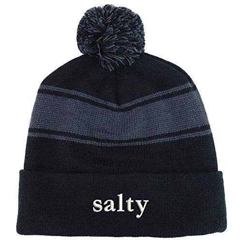 Trendy Apparel Shop Salty Embroidered Two Tone Pom Striped Long Beanie Hat