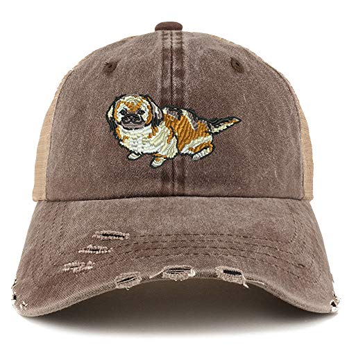 Trendy Apparel Shop Pekingese Dog Embroidered Frayed Bill Trucker Mesh Back Cap