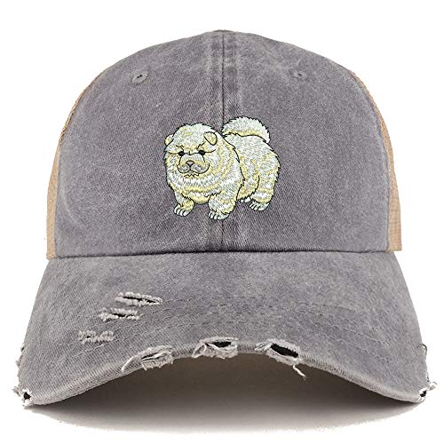 Trendy Apparel Shop Chow Chow Dog Embroidered Frayed Bill Trucker Mesh Back Cap