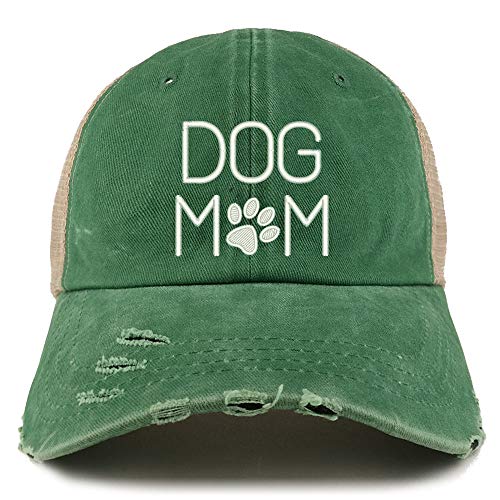Trendy Apparel Shop Dog Mom with Paw Embroidered Frayed Bill Trucker Mesh Back Cap