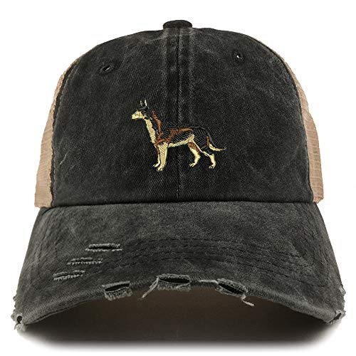 Trendy Apparel Shop Dark German Shepherd Dog Embroidered Frayed Bill Trucker Mesh Back Cap