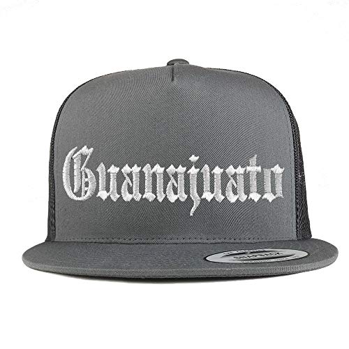 Trendy Apparel Shop Old English Guanajuato White Embroidered 5 Panel Flatbill Trucker Mesh Cap