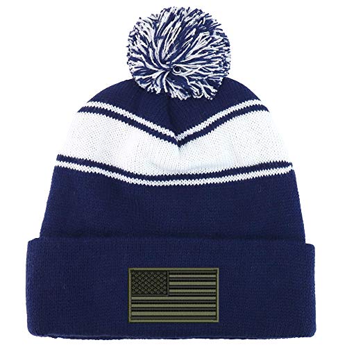 Trendy Apparel Shop Olive American Flag Two Tone Pom Striped Long Beanie Hat
