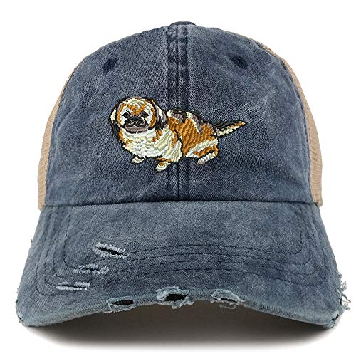 Trendy Apparel Shop Pekingese Dog Embroidered Frayed Bill Trucker Mesh Back Cap