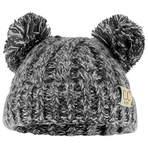 Trendy Apparel Shop Kid's Youth Size Winter Cable Knit 2 Pom Poms Beanie Hat Black / One Size