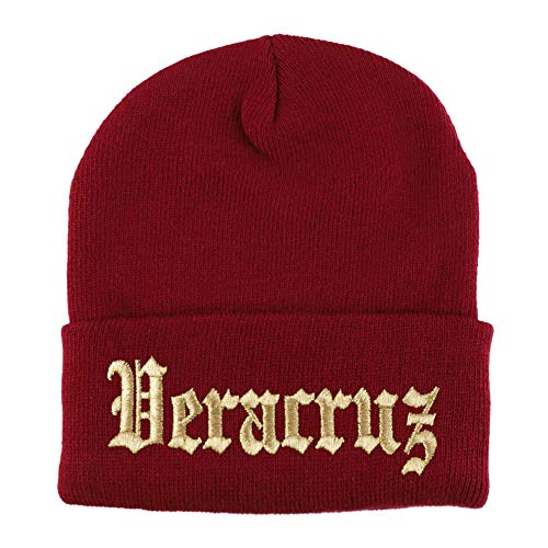 Trendy Apparel Shop Old English Veracruz Gold Embroidered Acrylic Knit Beanie Cap