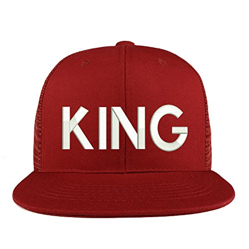 Trendy Apparel Shop King Embroidered Cotton Flat Bill Mesh Back Trucker Cap