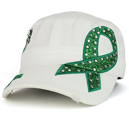 Trendy Apparel Shop Hope Liver Cancer Awareness Green Ribbon Embroidered Flat Top Style Army Cap