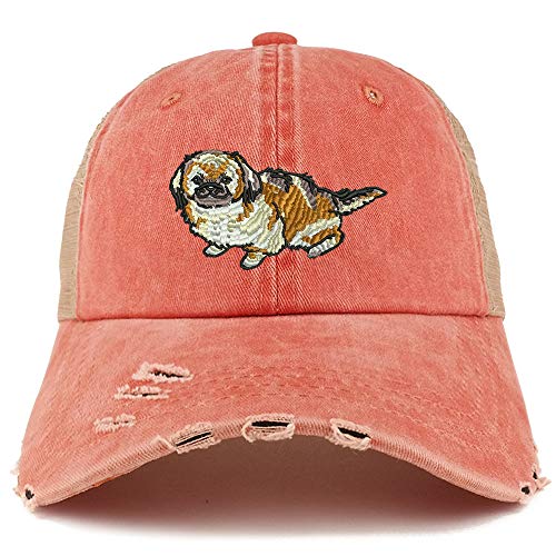 Trendy Apparel Shop Pekingese Dog Embroidered Frayed Bill Trucker Mesh Back Cap
