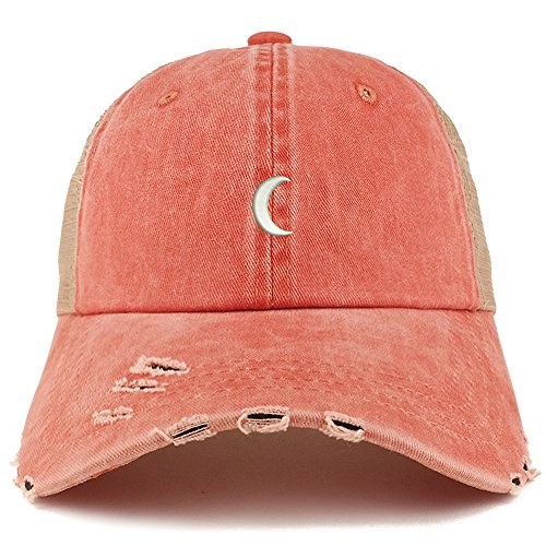 Trendy Apparel Shop Crescent Moon Embroidered Frayed Bill Trucker Mesh Back Cap