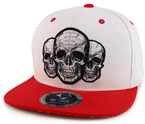 Trendy Apparel Shop Three Skulls Embroidered Flatbill Snapback Baseball Cap - White Red