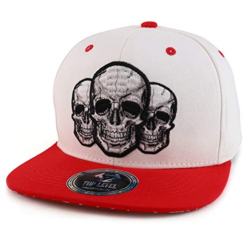 Trendy Apparel Shop Three Skulls Embroidered Flatbill Snapback Baseball Cap - White Red