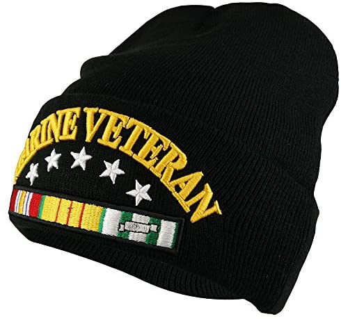 Trendy Apparel Shop Marine Veteran Military Ribbon 3D Embroidered Long Cuff Beanie Cap - Black