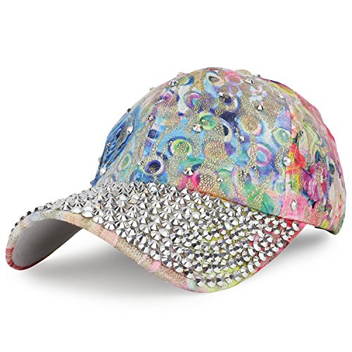 Trendy Apparel Shop Bling Studs Flower Glitter Structured Adjustable Baseball Cap
