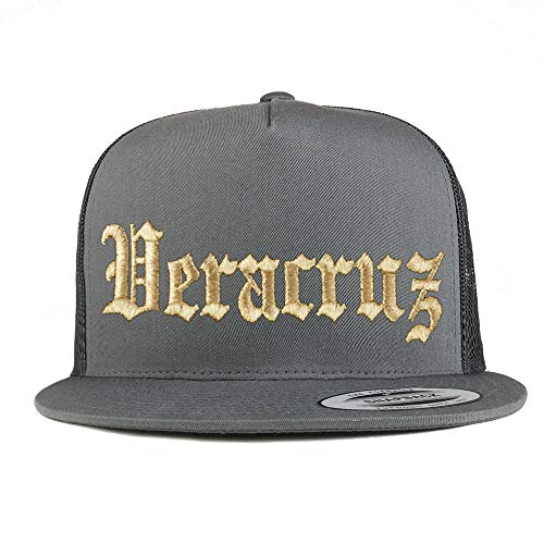 Trendy Apparel Shop Old English Veracruz Gold Embroidered 5 Panel Flatbill Trucker Mesh Cap