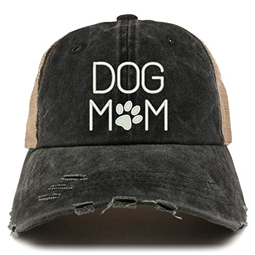 Trendy Apparel Shop Dog Mom with Paw Embroidered Frayed Bill Trucker Mesh Back Cap