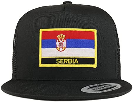Trendy Apparel Shop Serbia Flag 5 Panel Flatbill Trucker Mesh Snapback Cap