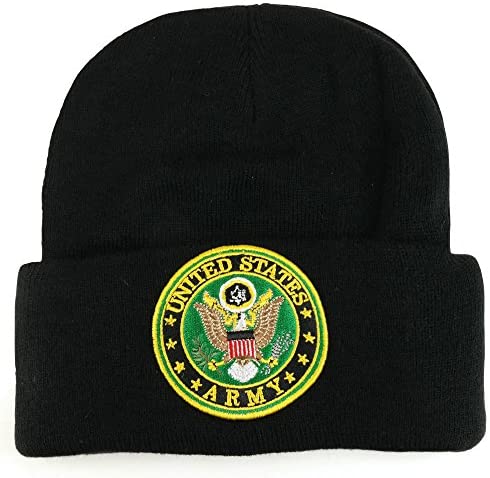 Trendy Apparel Shop United States Army Military Emblem Embroidered Long Cuff Beanie - Black