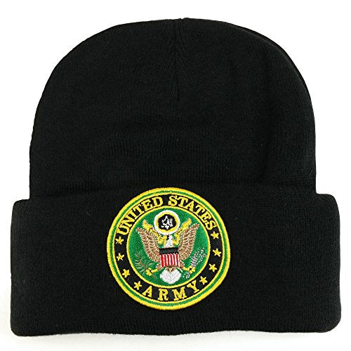 Trendy Apparel Shop United States Army Military Emblem Embroidered Long Cuff Beanie - Black