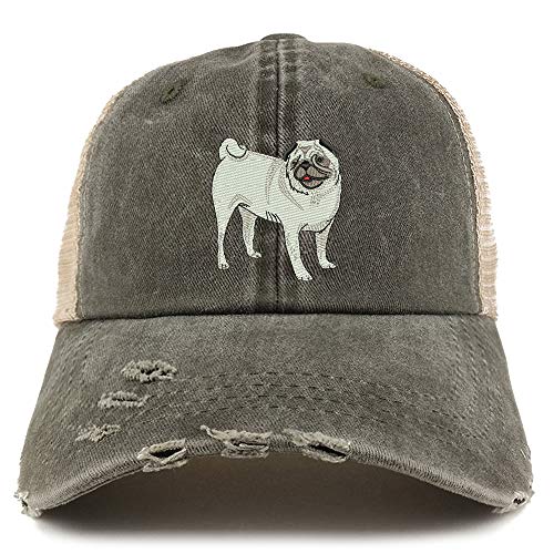 Trendy Apparel Shop Pug Dog Embroidered Frayed Bill Trucker Mesh Back Cap