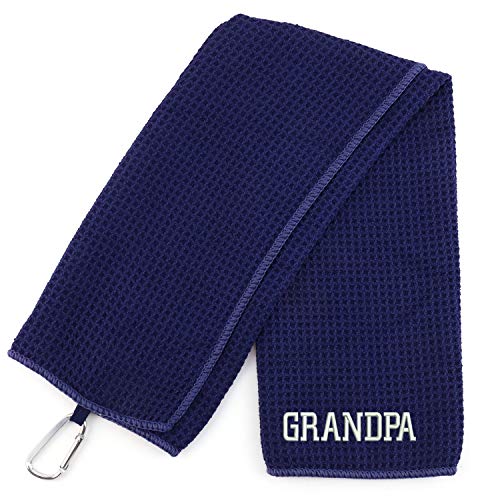 Trendy Apparel Shop Grandpa Embroidered Trifold Waffle Textured Microfiber Gold Towel with Carabiner
