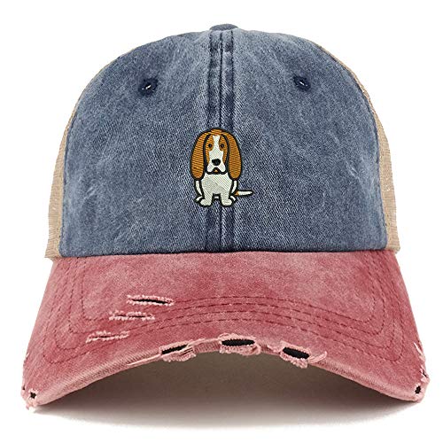 Trendy Apparel Shop Basset Hound Dog Embroidered Frayed Bill Trucker Mesh Back Cap