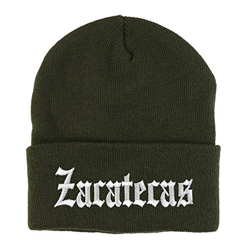 Trendy Apparel Shop Old English Zacatecas White Embroidered Acrylic Knit Beanie Cap
