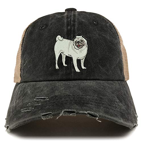 Trendy Apparel Shop Pug Dog Embroidered Frayed Bill Trucker Mesh Back Cap