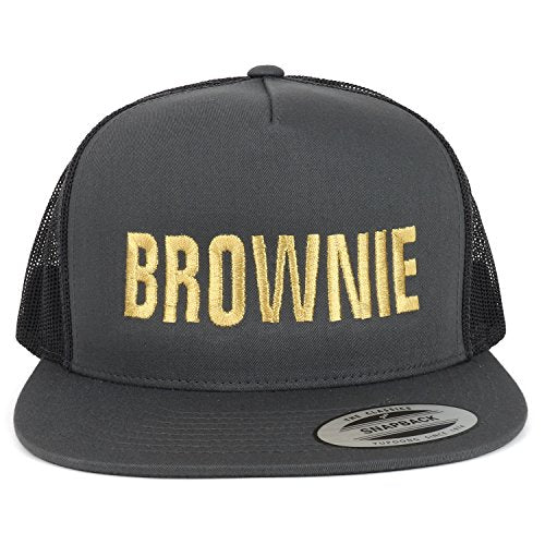 Trendy Apparel Shop Brownie Gold Embroidered 5 Panel Flat Bill Mesh Cap