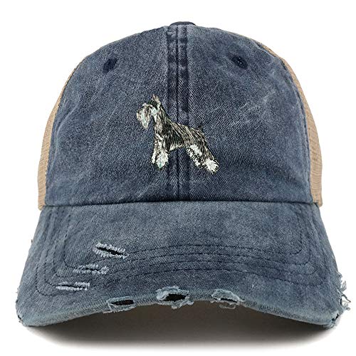 Trendy Apparel Shop Miniature Schnauzer Dog Embroidered Frayed Bill Trucker Mesh Back Cap