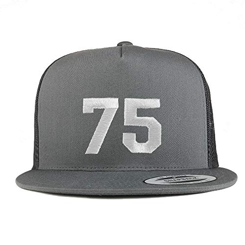 Trendy Apparel Shop Number 75 White Thread Embroidered Flat Bill 5 Panel Trucker Cap