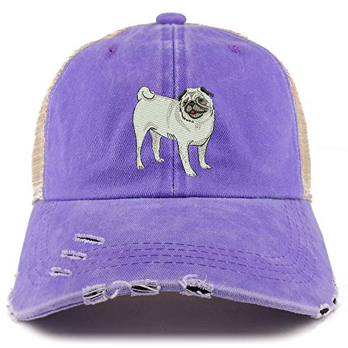 Trendy Apparel Shop Pug Dog Embroidered Frayed Bill Trucker Mesh Back Cap