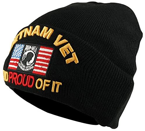 Trendy Apparel Shop Vietnam Vet and Proud of It Pow Mia 3D Embroidered Winter Long Beanie - Black